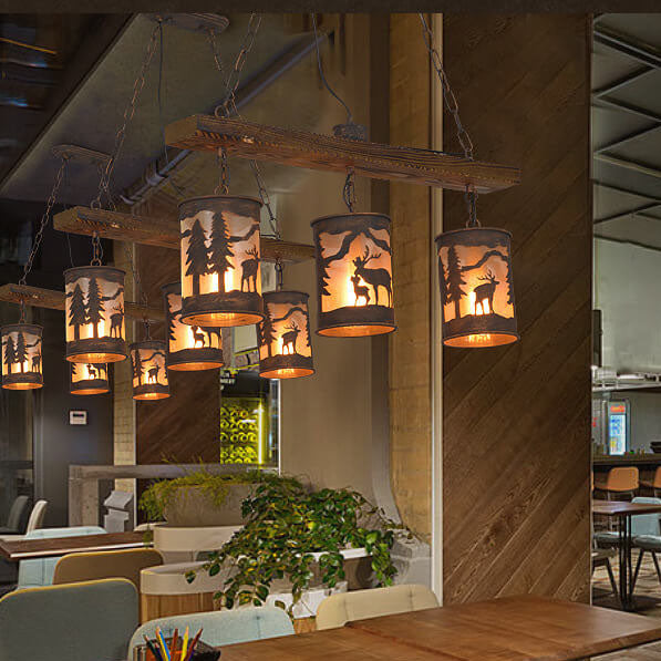 Industrielle Retro Kreative Lange Streifen Holz Zylinder Lampenschirm 3/5-Licht Kronleuchter 