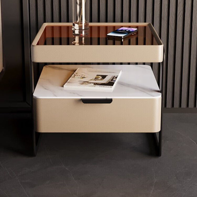 Table de nuit moderne minimaliste rectangulaire en verre renforcé avec dalle de roche et fer, 1 tiroir pour chambre à coucher 