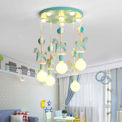 Modern Children's Carousel Eye Protection Resin Iron 1/7/11 Light Flush Mount Ceiling Light