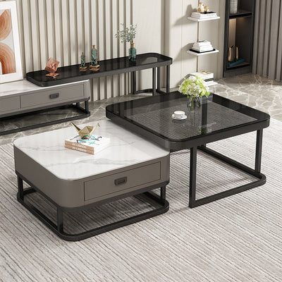 Table basse moderne minimaliste carrée en dalle de roche, verre et métal, avec 1 tiroir pour le salon 