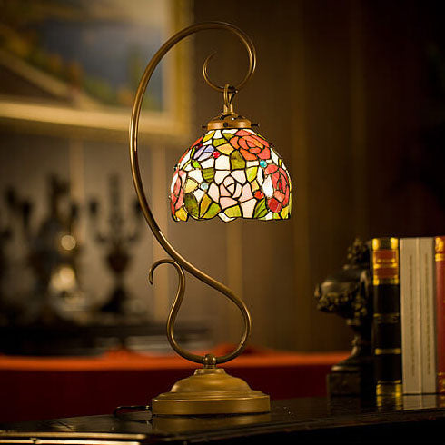 Tiffany Rose Lantern Stained Glass Metal 1-Light Table Lamp