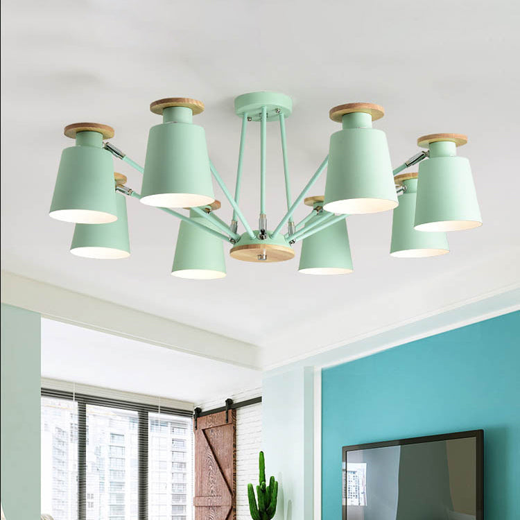 Lustre contemporain scandinave à branches cylindriques en bois et fer avec 6/8 lumières pour salon 