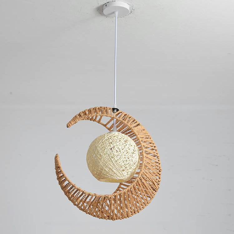 Contemporary Creative Crescent Moon Hemp Rope Weaving Shade 1-Light Pendant Light For Living Room