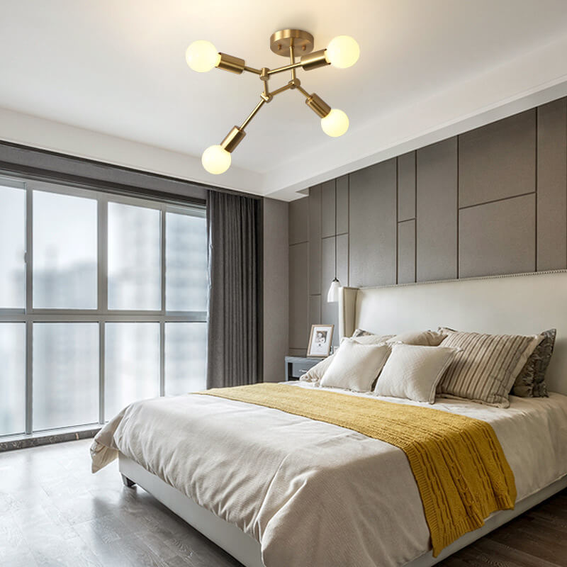 Contemporary Industrial Exposed Bulb Copper Branch 3/4 Light Semi-Flush Mount Ceiling Light For Living Room