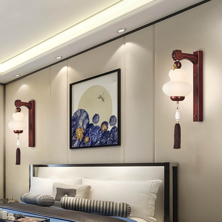 Moderne chinesische Eiche Element Kürbisform LED Wandleuchte 