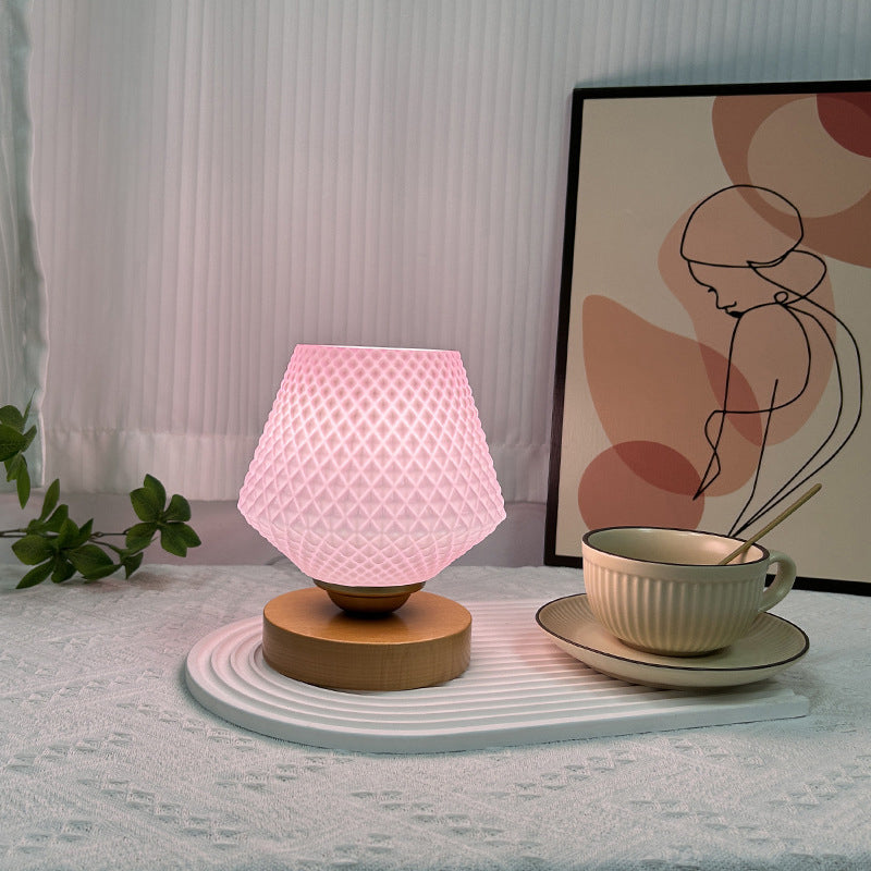 Lampe de table contemporaine en bois et verre à motif nervuré conique 1 lumière pour chevet 