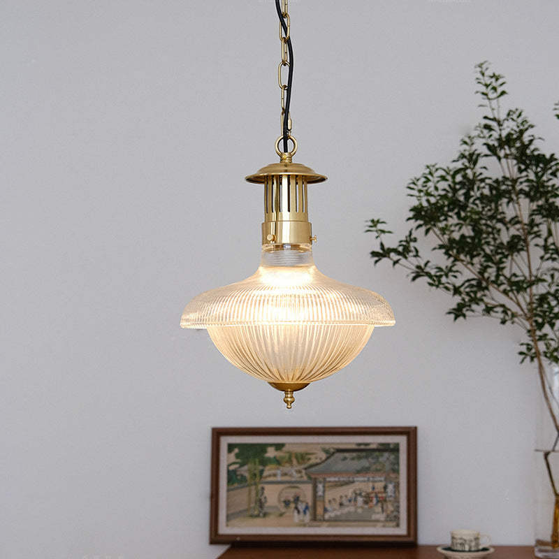 Zeitgenössische Retro gerippte Eisenglas 1-Licht Pendelleuchte für Wohnzimmer 