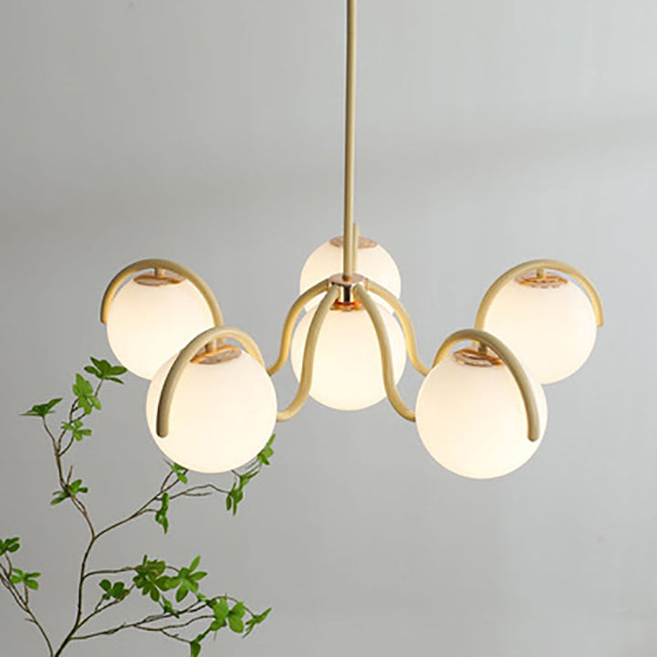 Moderner minimalistischer Kronleuchter mit geschwungenen Kugeln aus Metall und Glas mit 6 Lichtern für das Wohnzimmer 