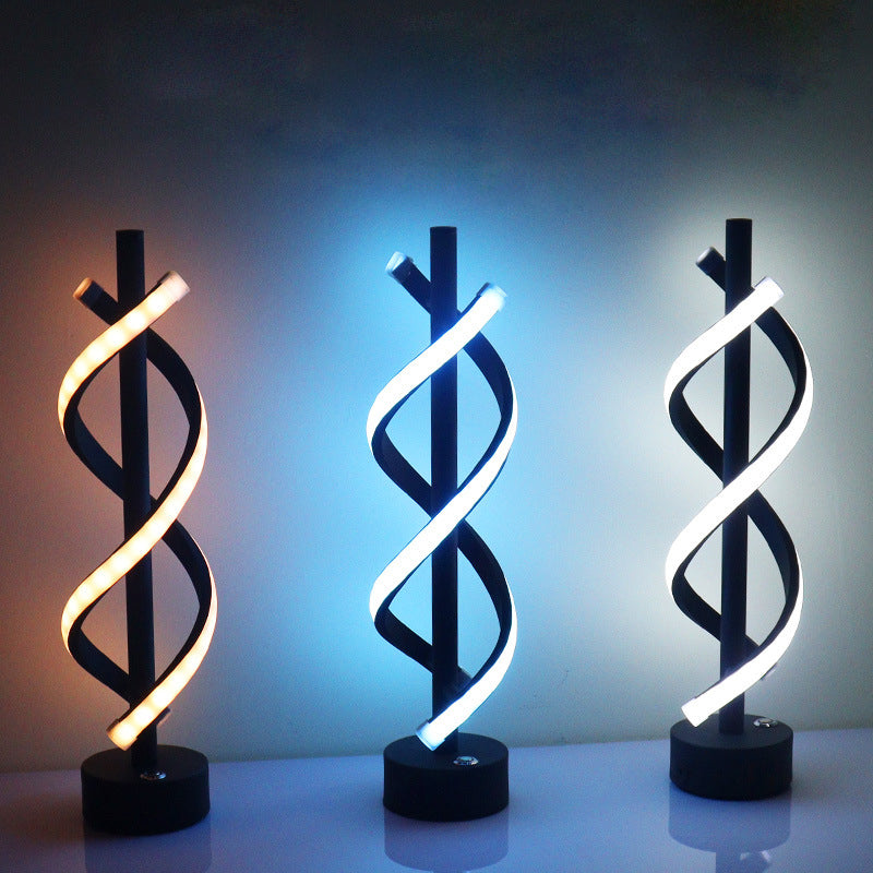 Zeitgenössische nordische Doppelspirale, die Eisenstreifen LED-Tischlampe für Schlafzimmer umwickelt