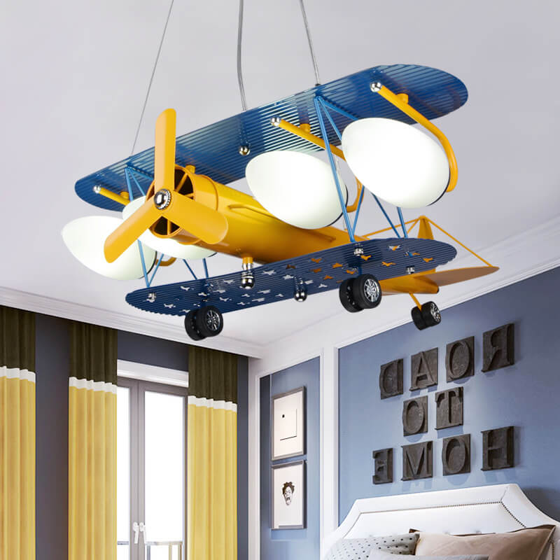 Contemporary Creative Cartoon Iron Aircraft Glass Shade 5-Light Kids Chandelier For Bedroom