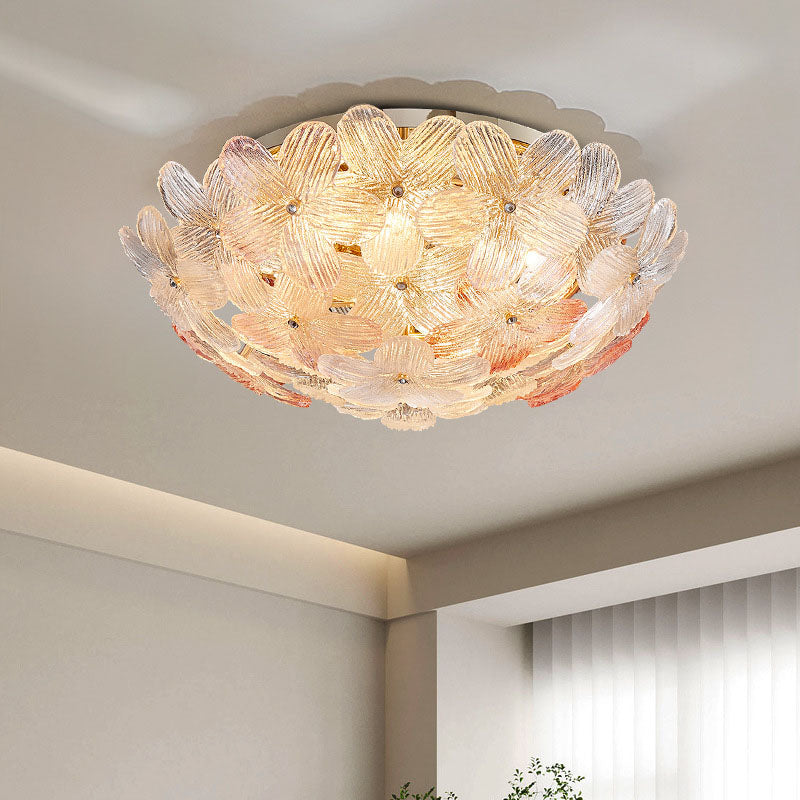 Dôme en Verre en Acier au Carbone de Luxe Moderne Floral 10/16 Lumière Plafonnier Semi-Encastré pour Salon 