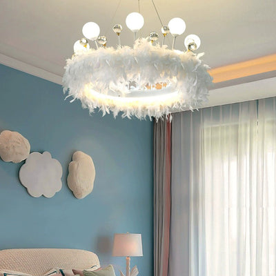 Zeitgenössische kreative Krone Acryl Ring Feder Dekor LED Kronleuchter für Wohnzimmer 