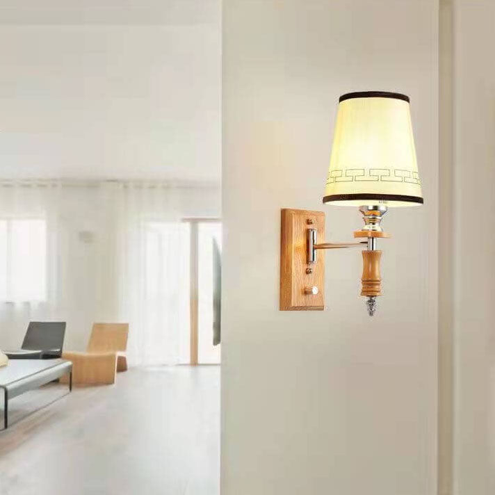 Chinesische Retro Holz Element Stofffass Schirm 1-Licht Wandleuchte 