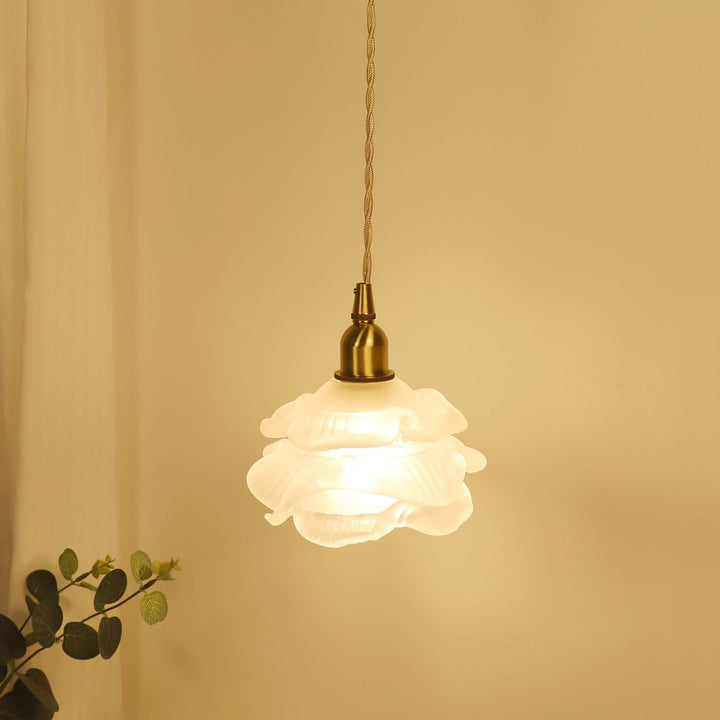 Traditionelle französische romantische Pendelleuchte mit Rosenglasschirm aus Messing, 1 Licht, für Wohnzimmer 