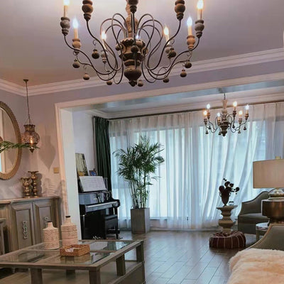 Chandelier Traditionnel Rustique Texturé Cylindre Fer Bois 6/8 Lumières Pour Salon 