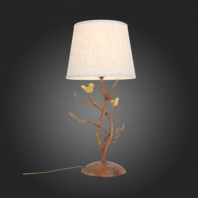 Modern Art Deco Fabric Shade Pinecone Bird Iron Base 1-Light Table Lamp For Bedroom