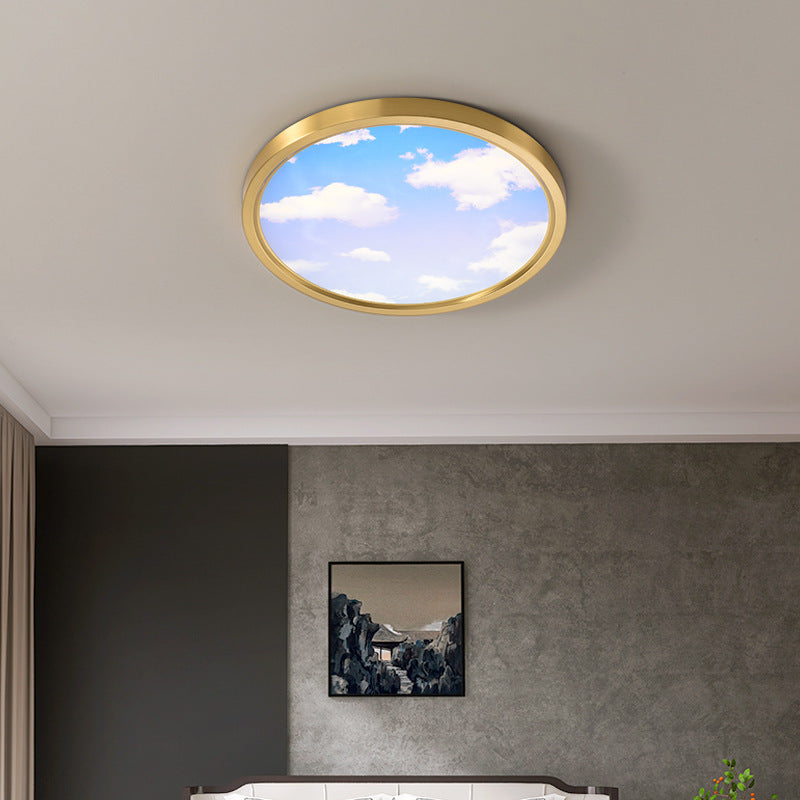 Moderne Einfachheit Vollkupfer Blauer Himmel Wolken Design Runder Acrylschirm LED Deckenleuchte für Wohnzimmer 