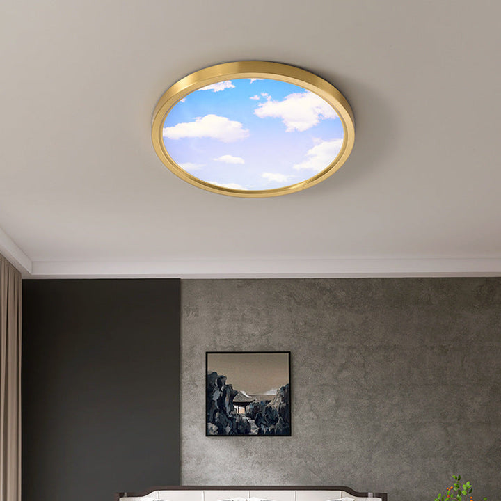 Moderne Einfachheit Vollkupfer Blauer Himmel Wolken Design Runder Acrylschirm LED Deckenleuchte für Wohnzimmer 