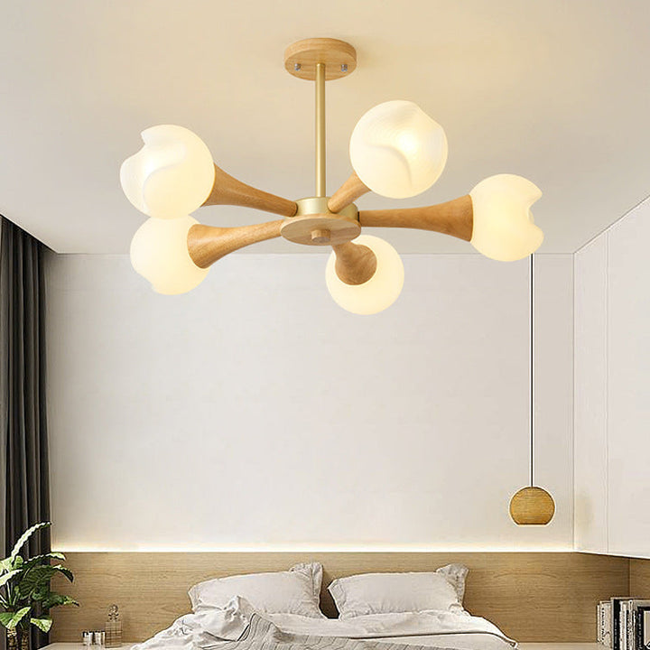 Suspension Contemporaine en Bois de Caoutchouc et Plastique avec Motif de Fleurs Nordiques, 3/5 Lumières pour Salon 