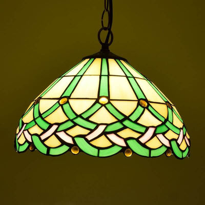 Vintage Tiffany Green Line Gems Cone 1-Light Pendant Light