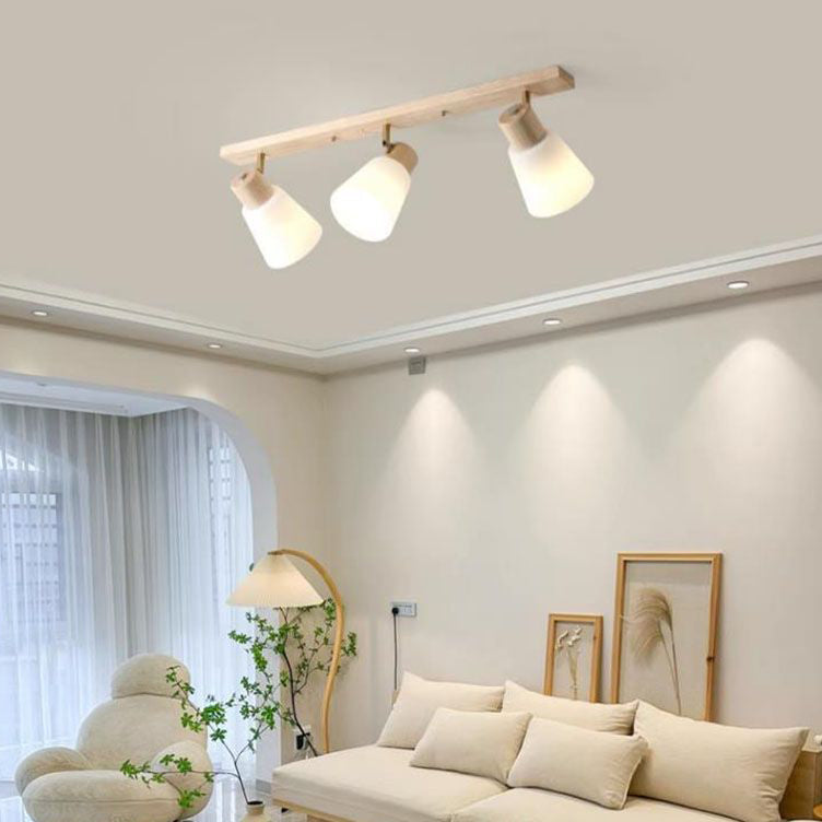 Traditional Vintage Rubberwood Glass Trumpet Shade 1/2/3/4-Light Semi-Flush Mount Ceiling Light For Living Room