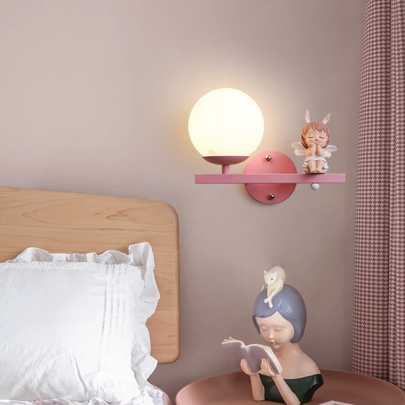 Contemporary Creative Kids Girls Unicorn Orb Resin Iron Glass 1-Light Wall Sconce Lamp For Bedroom