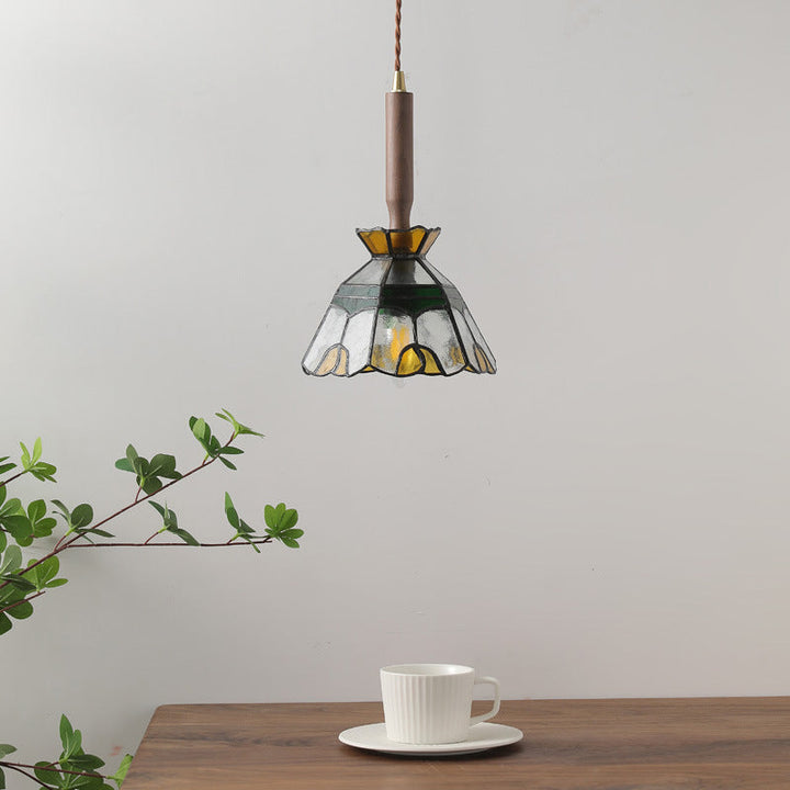 Traditionelle Vintage Blumenform Holz Glas 1-Licht Pendelleuchte für Wohnzimmer 