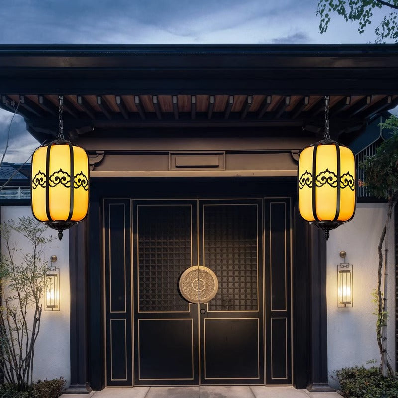 Pantalla de Linterna de Mármol de Imitación Chino Tradicional de Aluminio 1-Luz Impermeable Lámpara Colgante para Patio Exterior 