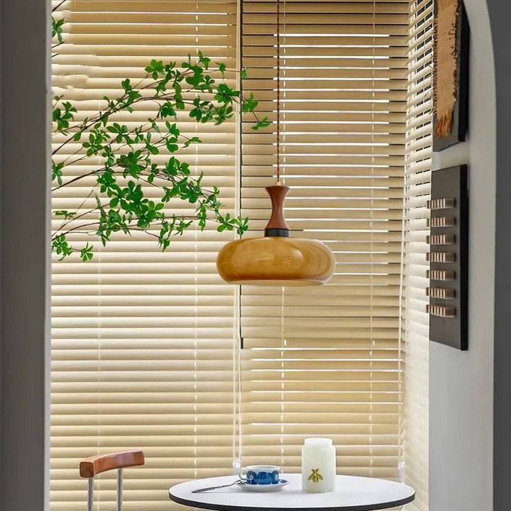 Zeitgenössische Retro Holz Eisen Glas Trommel Runde 1-Licht Pendelleuchte Für Esszimmer 