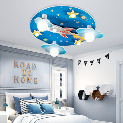 Modern Art Deco Kids Wood Plastic Round Rocket Starry Sky LED Flush Mount Ceiling Light For Bedroom