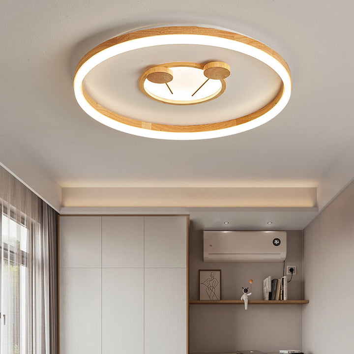 Traditional Japanese Cartoon Round Iron Wood Acrylic LED Flush Mount Ceiling Light For Living Room