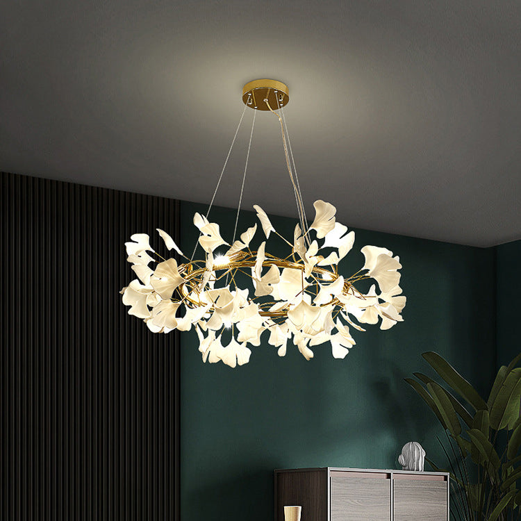 Zeitgenössischer nordischer Eisen-Acryl-Ginkgo 10-Licht-Kronleuchter für das Wohnzimmer 