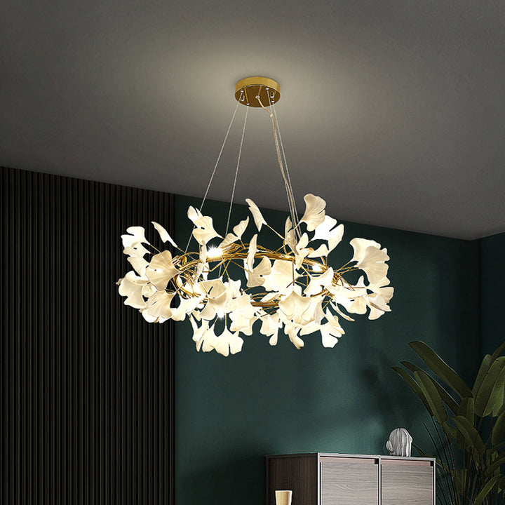 Zeitgenössischer nordischer Eisen-Acryl-Ginkgo 10-Licht-Kronleuchter für das Wohnzimmer 