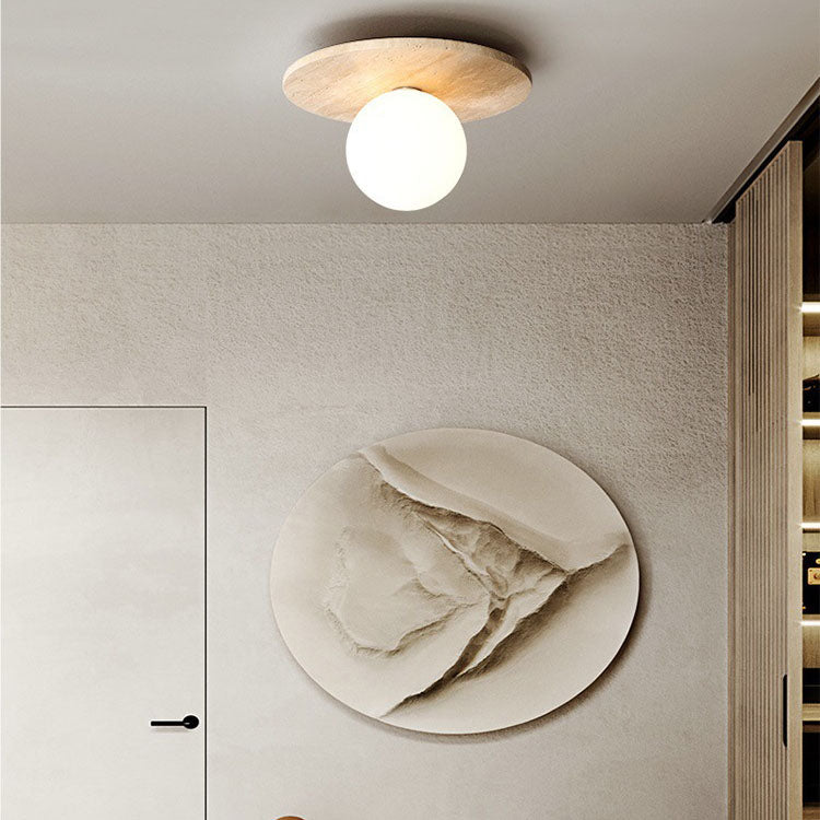 Modern Minimalist Cylinder Oval Dish Yellow Travertine 1-Light Semi-Flush Mount Ceiling Light For Living Room