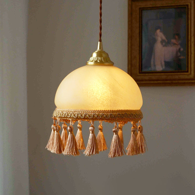 Suspension Luminaire en Tissu de Verre Cuivre à Pompon Rond Traditionnel Français 1 Lumière pour Salon 