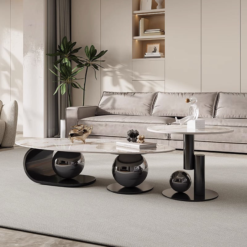 Table basse contemporaine nordique elliptique ronde en pierre de roche en acier inoxydable pour salon 