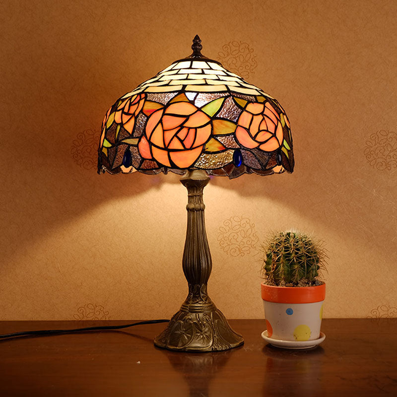 Traditionelle Tiffany Vintage Rose Buntglas 1-Licht Tischlampe fürs Arbeitszimmer 