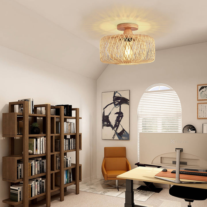 Moderne Küsten-Deckenleuchte mit rundem Holz- und Bambusmuster, 1 Licht, halbbündige Montage, für Wohnzimmer 