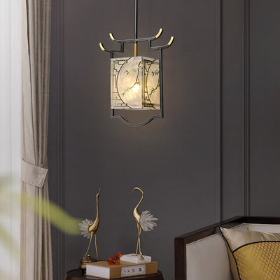 Lustre suspendu à 1 lumière en cuivre lucite émaillé quadrilatère chinois traditionnel pour salon 