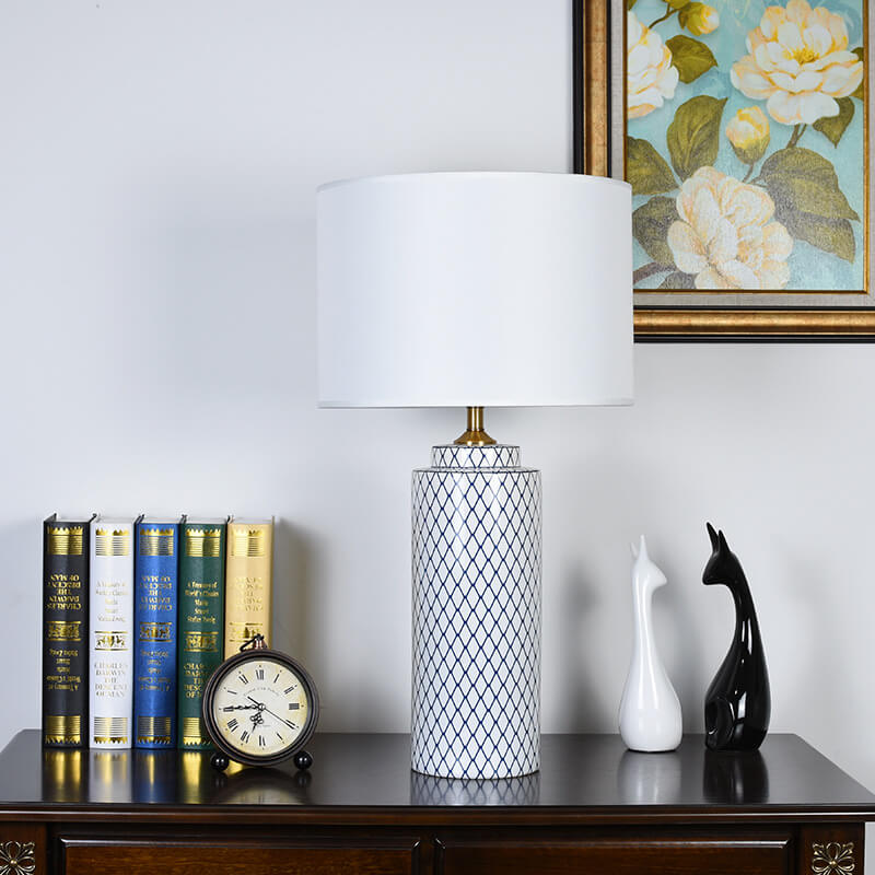 European Minimalist Ceramic Cylinder Fabric Shade 1-Light Table Lamp