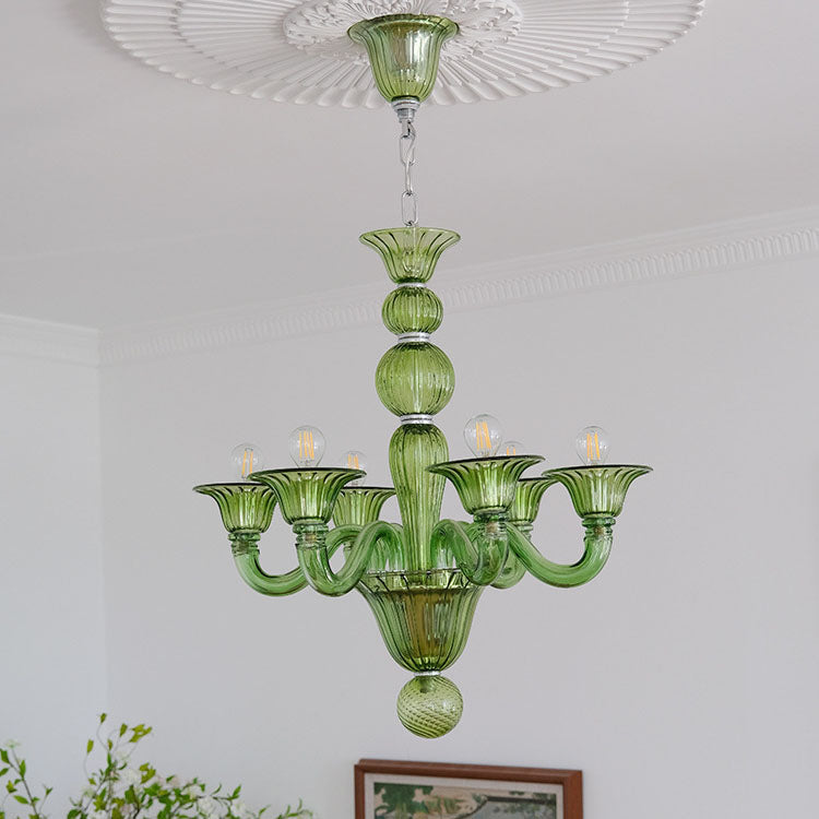 Diseño de candelabro de vidrio francés tradicional de hierro con 6 luces para sala de estar 