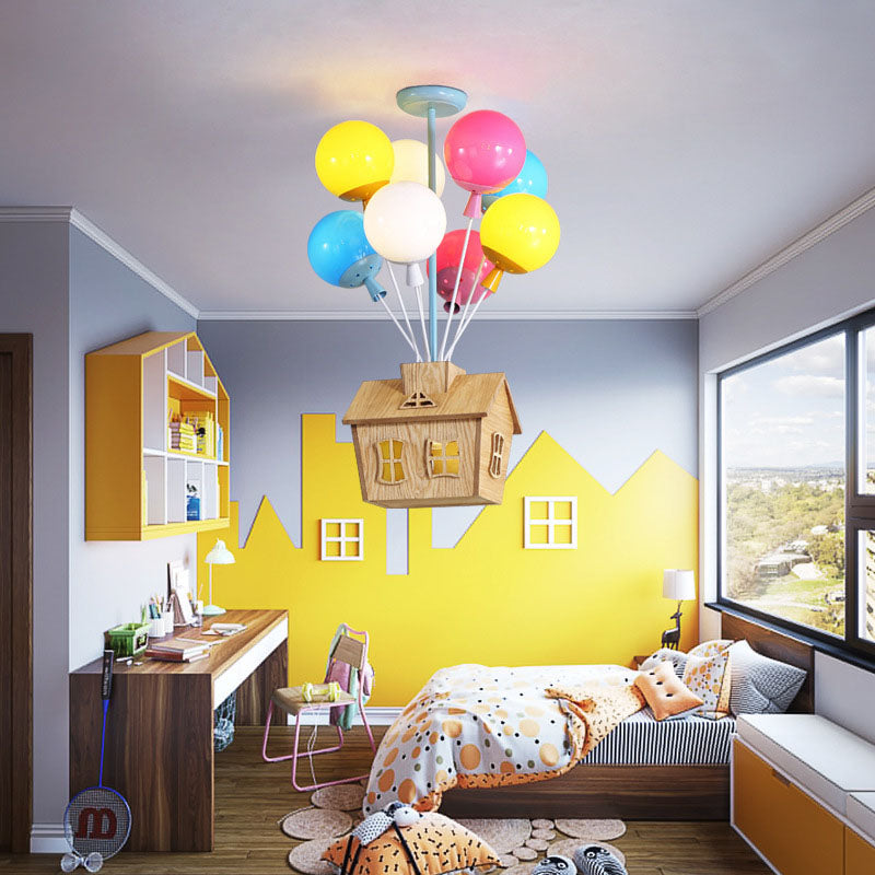 Contemporary Creative Colorful Acrylic Balloon Log Cabin 7/9-Light Kids Semi-Flush Mount Ceiling Light For Bedroom