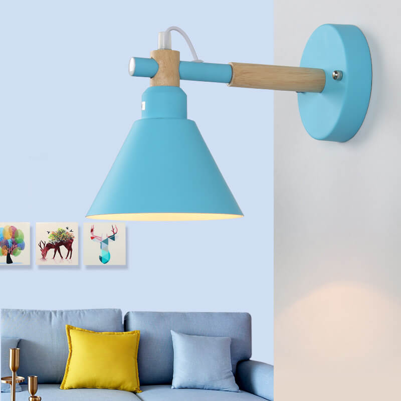 Nordic Macaron Iron Trumpet Shaped Wood 1-Light Wall Sconce Lamp
