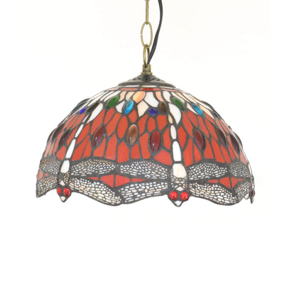 European Vintage Tiffany Red Dragonfly Iron Glass 1-Light Pendant Light