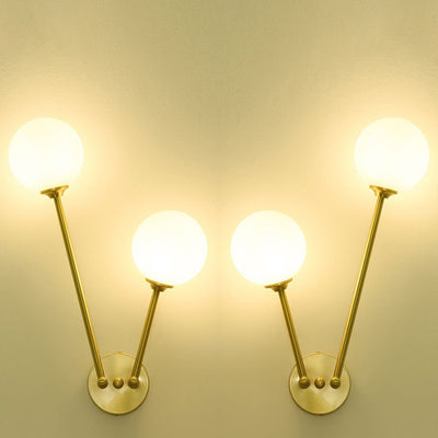 Contemporary Nordic Copper Glass Ball V-Shaped 2-Light Wall Sconce Lamp For Bedside