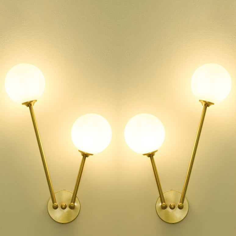 Contemporary Nordic Copper Glass Ball V-Shaped 2-Light Wall Sconce Lamp For Bedside