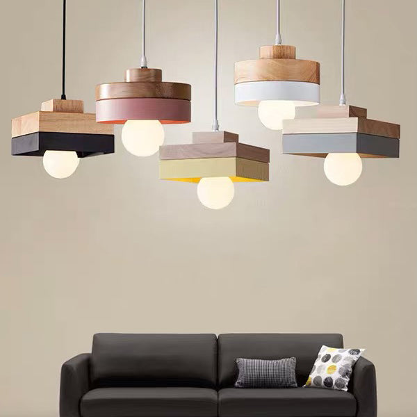 Moderne minimalistische Macaron Square Eisen Holz 1-Licht Pendelleuchte für Wohnzimmer 