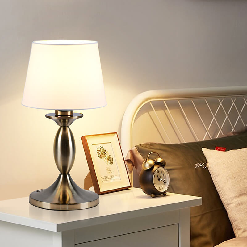 Modern Minimalist White Fabric Chrome Metal 1-Light Table Lamp For Bedroom