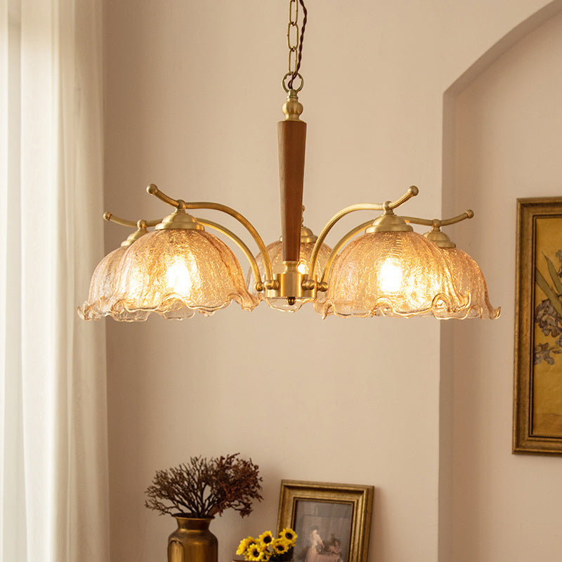 Traditional Vintage Petals All Copper Log Glass 3/5 Light Chandelier For Living Room