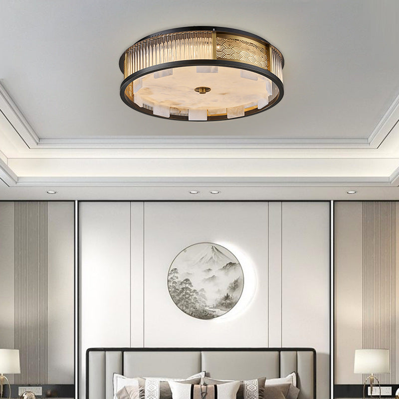 Traditional Chinese Marble Stainless Steel Copper Glass Rods Marble Round LED Flush Mount Ceiling Light For Living Room
